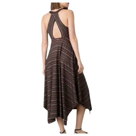Prana Women's Saxon Dress Midi Red Clay Black Stripe‎ V-Neck Handkerchief Hem M - Picture 2 of 7
